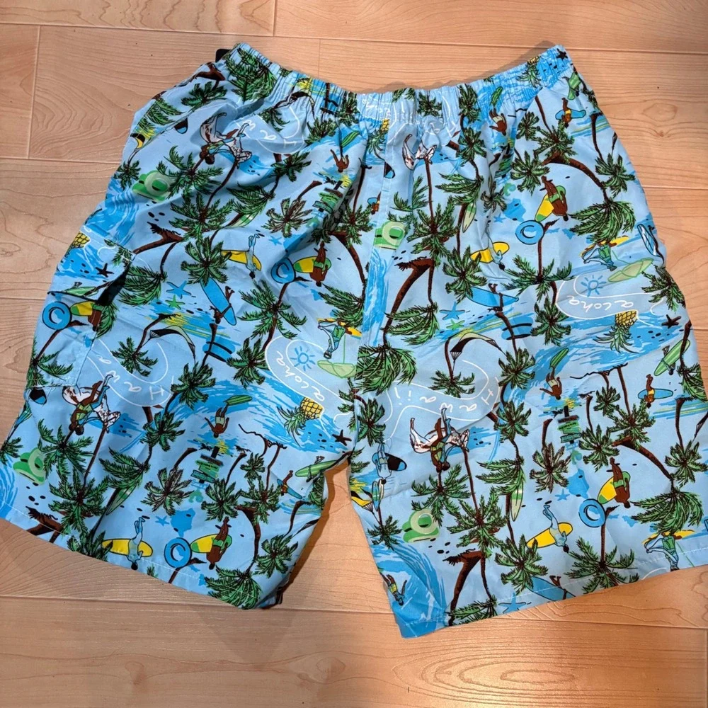 Bello‎  Mens Swim Trunks XL Blue Tropical Aloha Palm Tree Surfing Shorts